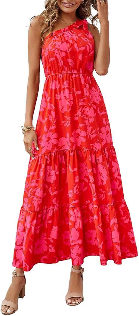 PRETTYGARDEN Women's Summer Floral One Shoulder Maxi Dress Knot Ruffle Boho Beach Vacation Wedding Guest Long Sun Dresses - Image 1