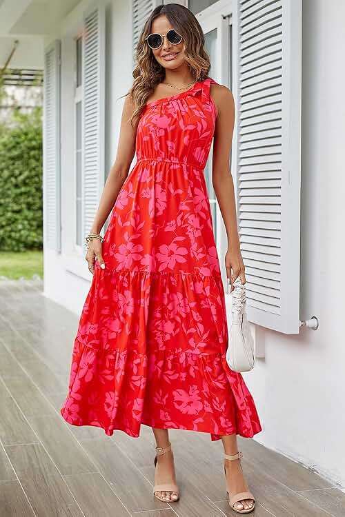 PRETTYGARDEN Women's Summer Floral One Shoulder Maxi Dress Knot Ruffle Boho Beach Vacation Wedding Guest Long Sun Dresses - Image 2