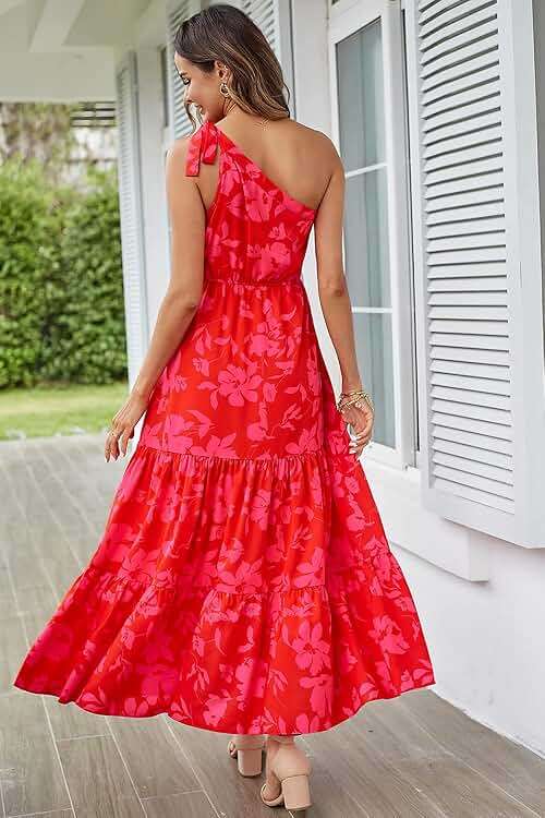 PRETTYGARDEN Women's Summer Floral One Shoulder Maxi Dress Knot Ruffle Boho Beach Vacation Wedding Guest Long Sun Dresses - Image 3