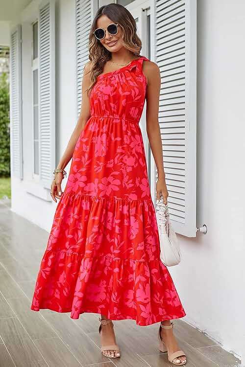 PRETTYGARDEN Women's Summer Floral One Shoulder Maxi Dress Knot Ruffle Boho Beach Vacation Wedding Guest Long Sun Dresses - Image 4