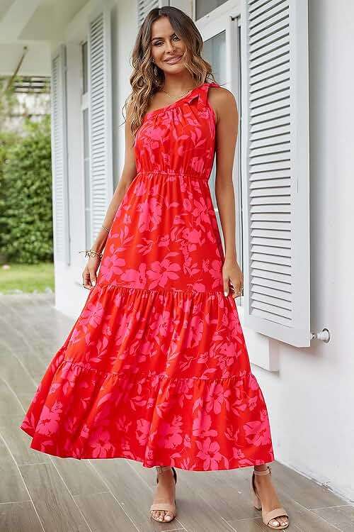 PRETTYGARDEN Women's Summer Floral One Shoulder Maxi Dress Knot Ruffle Boho Beach Vacation Wedding Guest Long Sun Dresses - Image 5