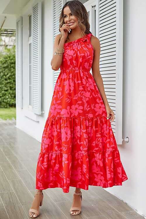 PRETTYGARDEN Women's Summer Floral One Shoulder Maxi Dress Knot Ruffle Boho Beach Vacation Wedding Guest Long Sun Dresses - Image 7