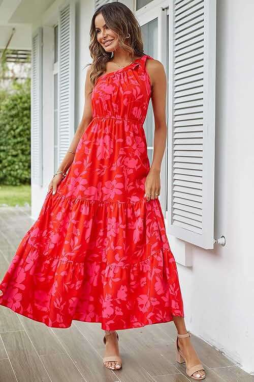 PRETTYGARDEN Women's Summer Floral One Shoulder Maxi Dress Knot Ruffle Boho Beach Vacation Wedding Guest Long Sun Dresses - Image 8