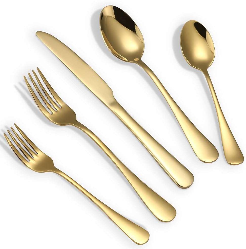 Briout Gold Silverware Set, 20 Piece Golden Cutlery Set Service for 4, Stainless Steel Flatware Set Include Spoons Forks Knives Tableware Utensil Set for Kitchen Home Restaurant, Shiny Gold Polished - Image 1
