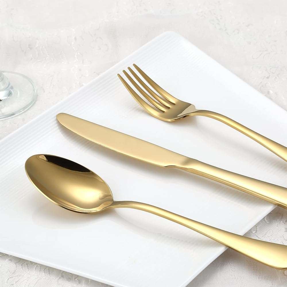 Briout Gold Silverware Set, 20 Piece Golden Cutlery Set Service for 4, Stainless Steel Flatware Set Include Spoons Forks Knives Tableware Utensil Set for Kitchen Home Restaurant, Shiny Gold Polished - Image 2
