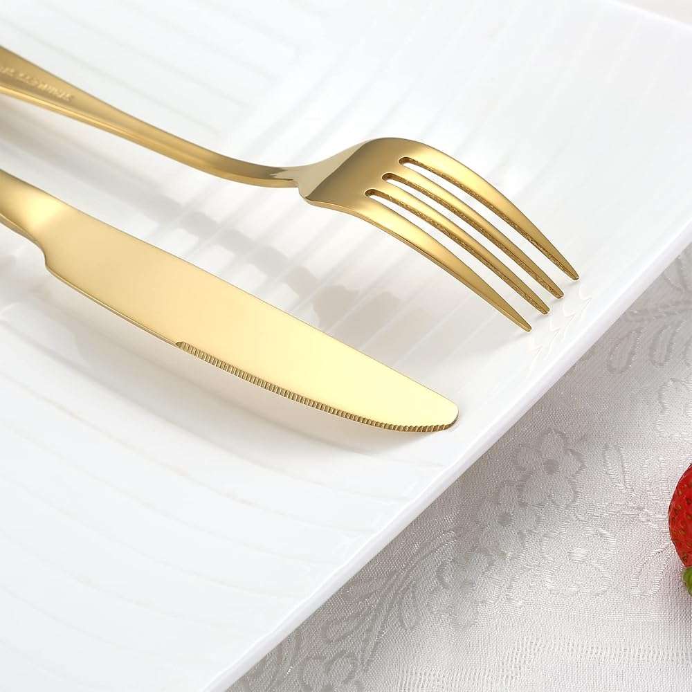 Briout Gold Silverware Set, 20 Piece Golden Cutlery Set Service for 4, Stainless Steel Flatware Set Include Spoons Forks Knives Tableware Utensil Set for Kitchen Home Restaurant, Shiny Gold Polished - Image 5