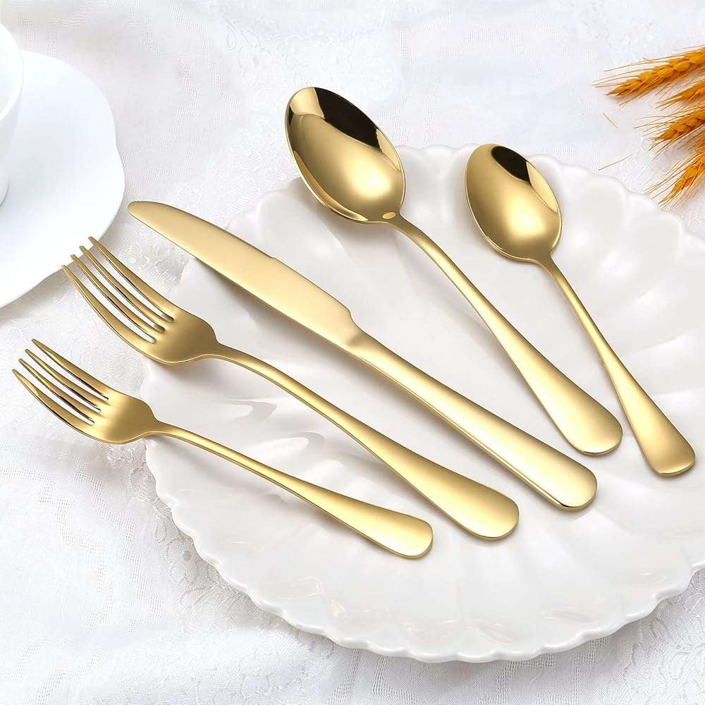 Briout Gold Silverware Set, 20 Piece Golden Cutlery Set Service for 4, Stainless Steel Flatware Set Include Spoons Forks Knives Tableware Utensil Set for Kitchen Home Restaurant, Shiny Gold Polished - Image 6