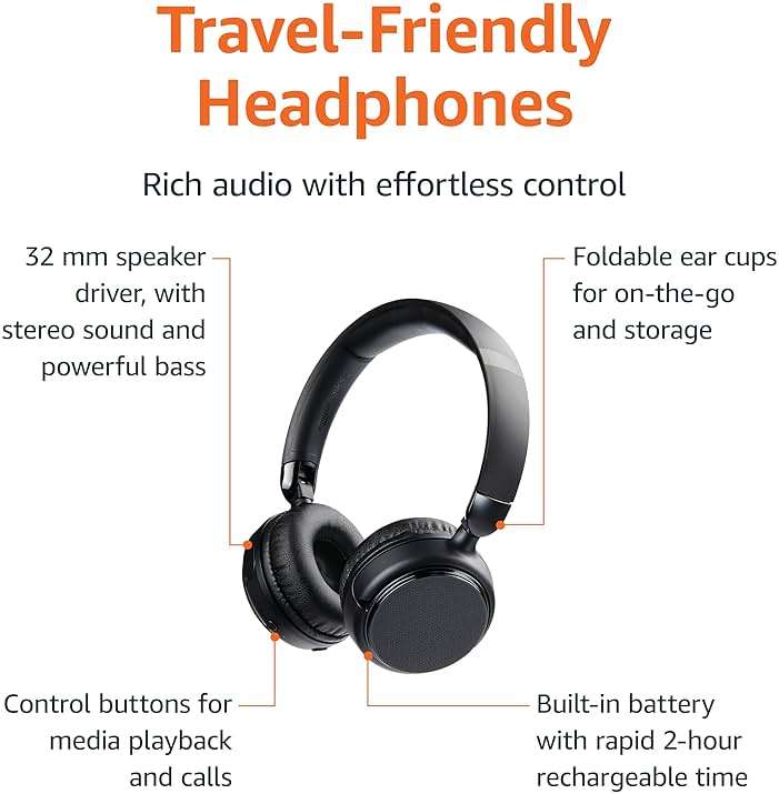 Amazon Basics Bluetooth On-Ear Headphones Wireless with Microphone, Deep Bass, 35 Hour Playtime, Foldable, Collapsible, Portable Travel Friendly, Black - Image 3