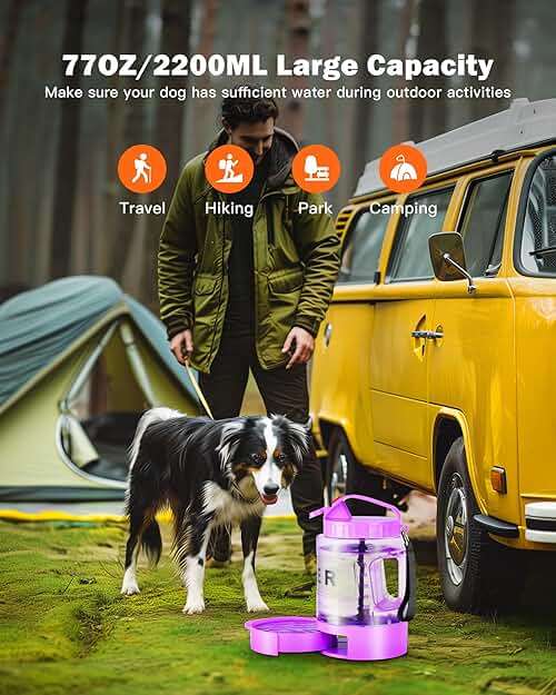 77oz Large Dog Water Bottle - Portable Travel Dog Water Dispenser & Bowl - Leak-Proof Pet Water Jug for Hiking, Camping, Walking & Car Trips, Purple - Image 2