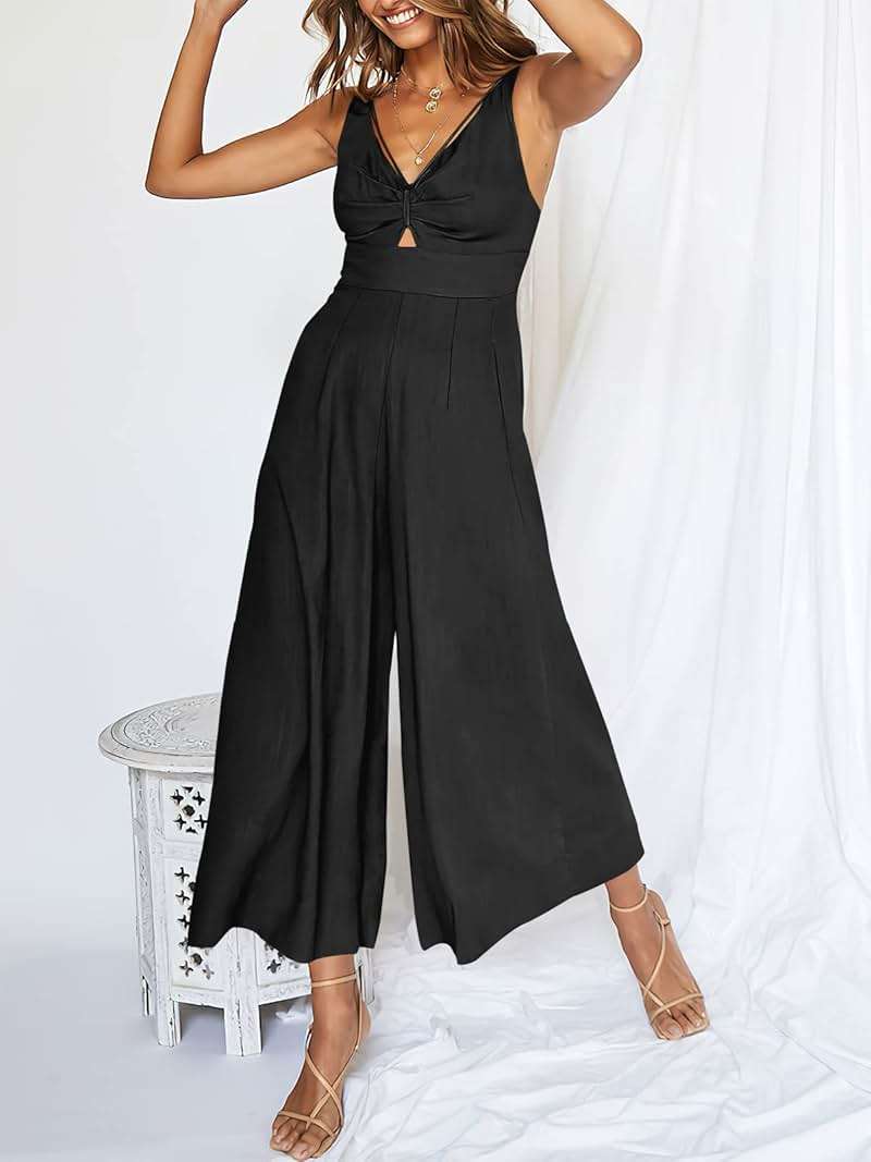 ANRABESS Womens Summer Linen Wide Leg Sleeveless Jumpsuits | V Neck Cutout High Waist Rompers, Breathable Lightweight, Beach Vacation Pants Outfit, Casual Dressy, Fall Winter Resort Wear - Image 2