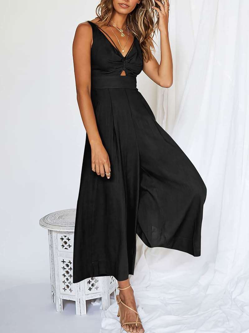 ANRABESS Womens Summer Linen Wide Leg Sleeveless Jumpsuits | V Neck Cutout High Waist Rompers, Breathable Lightweight, Beach Vacation Pants Outfit, Casual Dressy, Fall Winter Resort Wear - Image 3