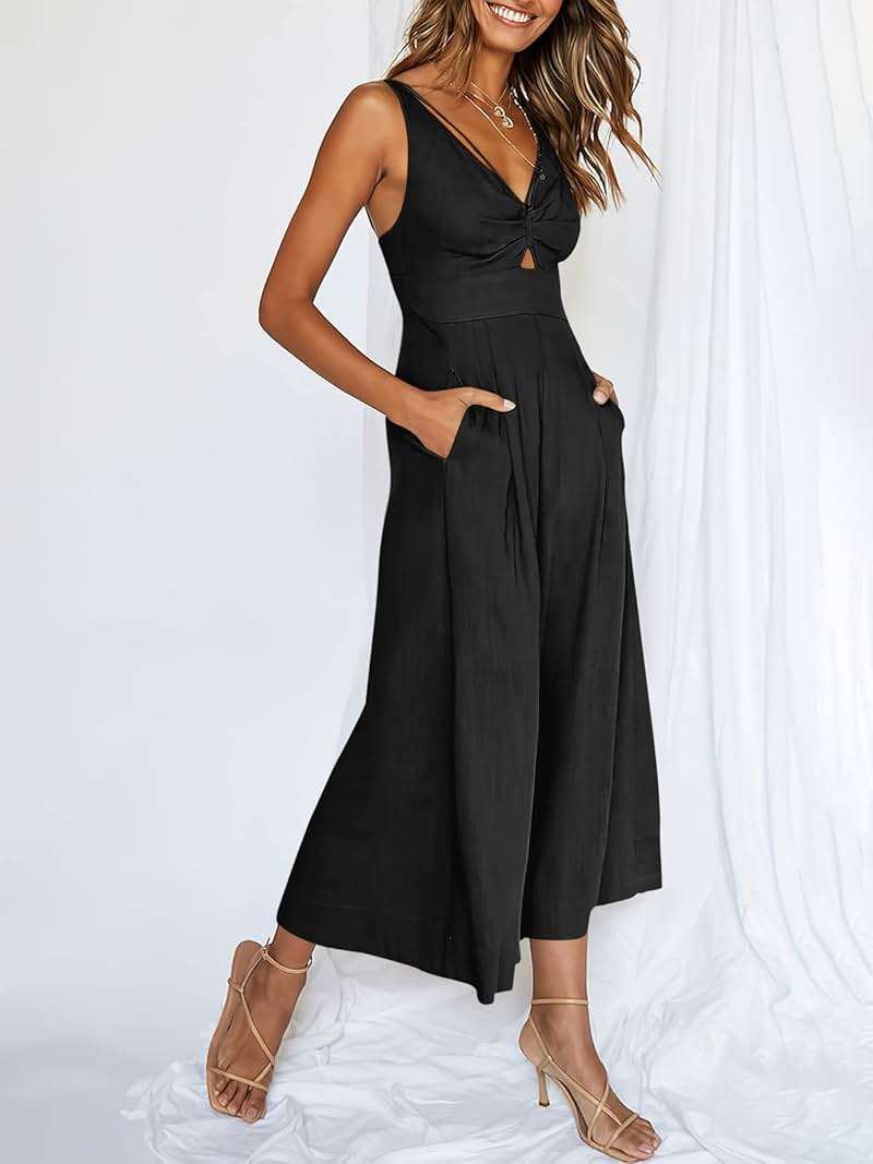 ANRABESS Womens Summer Linen Wide Leg Sleeveless Jumpsuits | V Neck Cutout High Waist Rompers, Breathable Lightweight, Beach Vacation Pants Outfit, Casual Dressy, Fall Winter Resort Wear - Image 4
