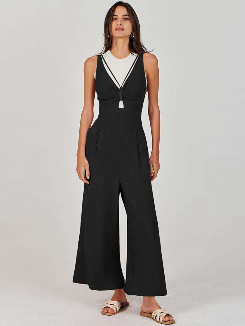 ANRABESS Womens Summer Linen Wide Leg Sleeveless Jumpsuits | V Neck Cutout High Waist Rompers, Breathable Lightweight, Beach Vacation Pants Outfit, Casual Dressy, Fall Winter Resort Wear - Image 5