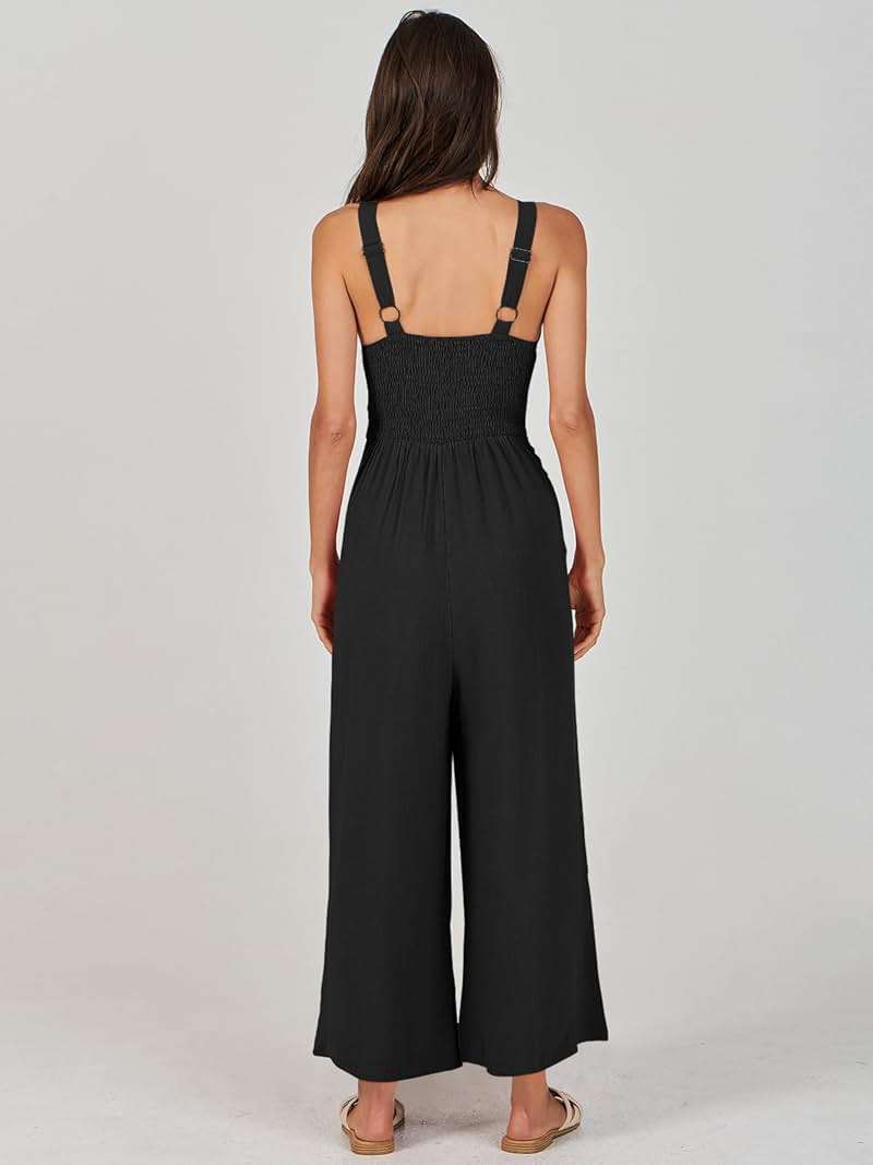 ANRABESS Womens Summer Linen Wide Leg Sleeveless Jumpsuits | V Neck Cutout High Waist Rompers, Breathable Lightweight, Beach Vacation Pants Outfit, Casual Dressy, Fall Winter Resort Wear - Image 6