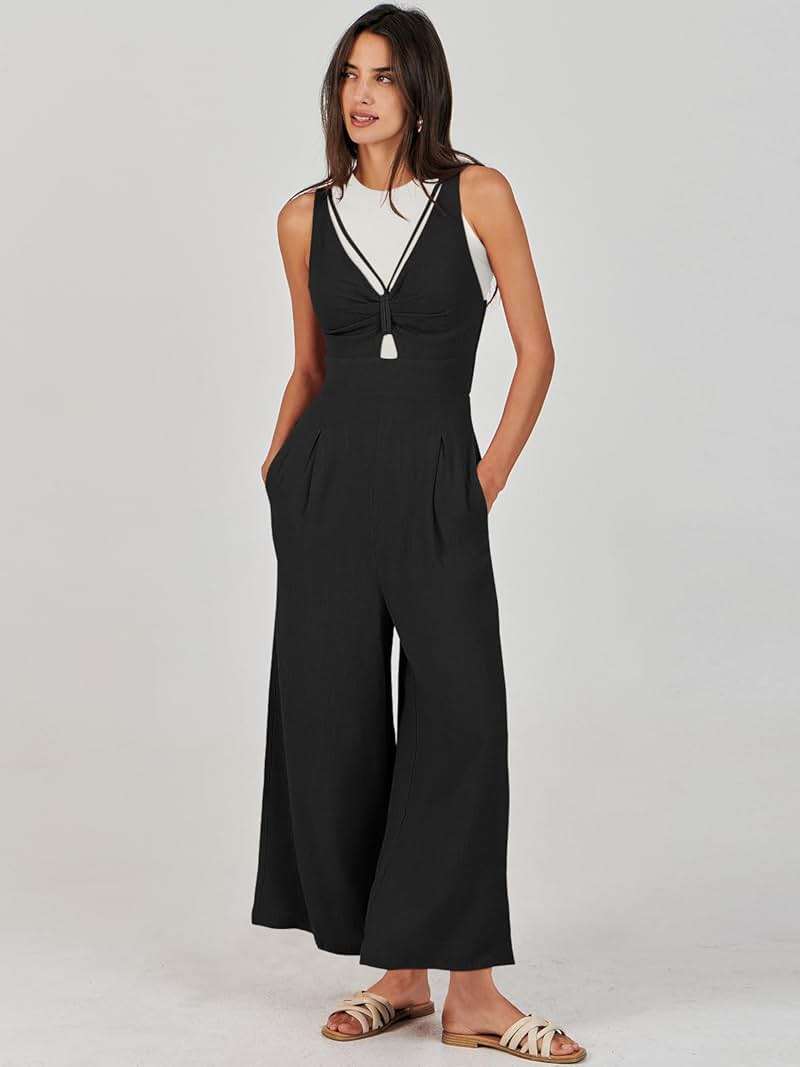 ANRABESS Womens Summer Linen Wide Leg Sleeveless Jumpsuits | V Neck Cutout High Waist Rompers, Breathable Lightweight, Beach Vacation Pants Outfit, Casual Dressy, Fall Winter Resort Wear - Image 7