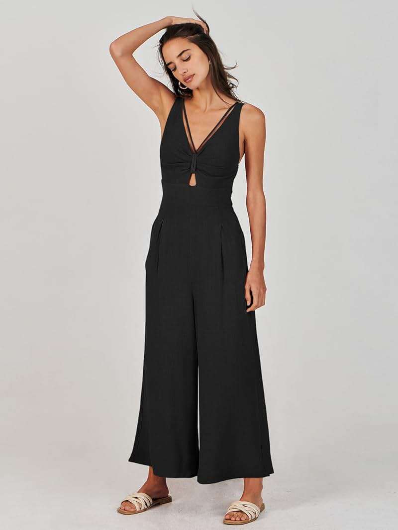 ANRABESS Womens Summer Linen Wide Leg Sleeveless Jumpsuits | V Neck Cutout High Waist Rompers, Breathable Lightweight, Beach Vacation Pants Outfit, Casual Dressy, Fall Winter Resort Wear - Image 8