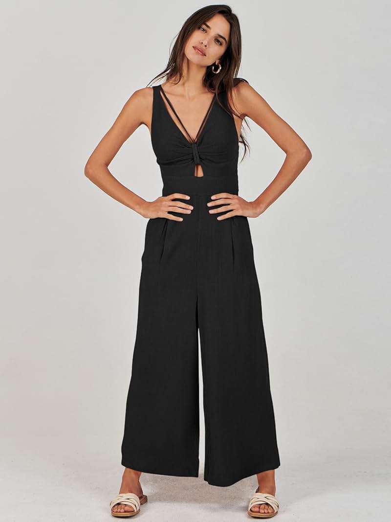 ANRABESS Womens Summer Linen Wide Leg Sleeveless Jumpsuits | V Neck Cutout High Waist Rompers, Breathable Lightweight, Beach Vacation Pants Outfit, Casual Dressy, Fall Winter Resort Wear - Image 9