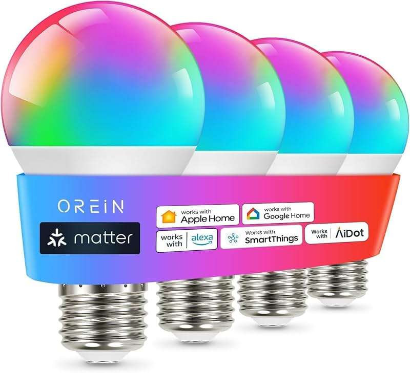 OREiN Matter Smart Light Bulb, Smart Light Bulbs Work with Apple Home, Alexa, Google Home, SmartThings, A19 Color Changing Light Bulbs 2.4Ghz WiFi, 800 Lumens Equivalent 60W 4Pack - Image 1