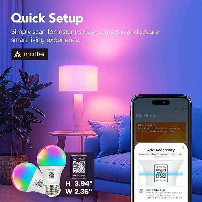 OREiN Matter Smart Light Bulb, Smart Light Bulbs Work with Apple Home, Alexa, Google Home, SmartThings, A19 Color Changing Light Bulbs 2.4Ghz WiFi, 800 Lumens Equivalent 60W 4Pack - Image 2