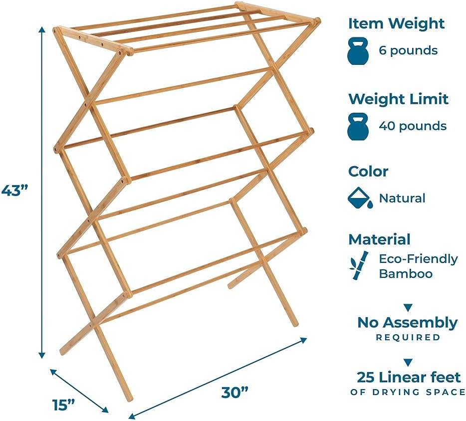 Honey-Can-Do Collapsible Bamboo Drying Rack – Sturdy & Foldable Laundry Drying Rack, Space-Saving & Portable Clothes Rack for Air-Drying Clothes, Towels, Blankets & Delicates, Indoor & Outdoor Use. - Image 3