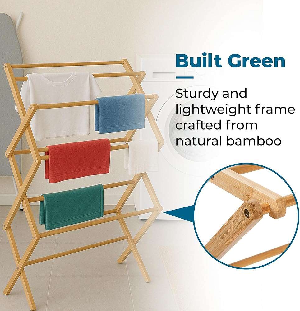 Honey-Can-Do Collapsible Bamboo Drying Rack – Sturdy & Foldable Laundry Drying Rack, Space-Saving & Portable Clothes Rack for Air-Drying Clothes, Towels, Blankets & Delicates, Indoor & Outdoor Use. - Image 5
