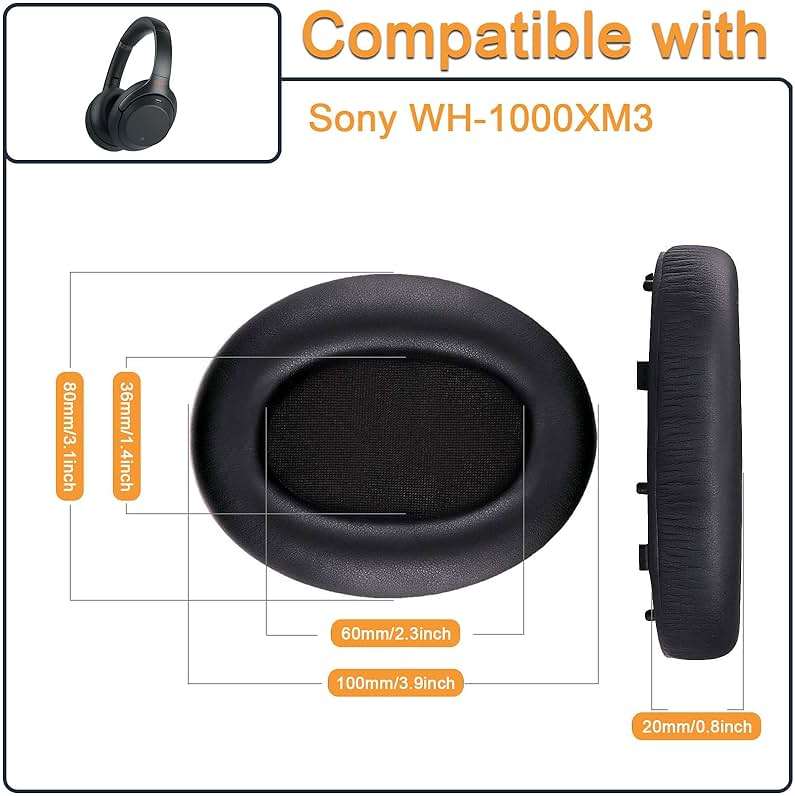 Replacement 1000XM3 Ear Cushion for Sony WH-1000XM3 Over-Ear Headphones, Compatibel WH1000XM3 Ear Pads with Softer Protein Leather, Noise Isolation Memory Foam, Black - Image 2