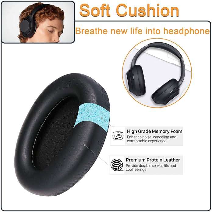 Replacement 1000XM3 Ear Cushion for Sony WH-1000XM3 Over-Ear Headphones, Compatibel WH1000XM3 Ear Pads with Softer Protein Leather, Noise Isolation Memory Foam, Black - Image 3