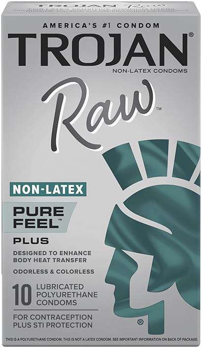 Trojan Raw Non-Latex Lubricated Thin Condoms for Men, America’s Thinnest Latex-Free Condoms, Pure Feel Technology, Made from Polyurethane, Helps Reduce Risk of Pregnancy and STIs, 10 Count - Image 1
