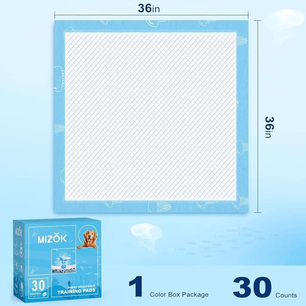 MIZOK 36x36in Dog Pee Pads Jumbo Disposable Dog Training Pads Super Absorbent Up to 11 Cups Marine Scented Odor-Control Dog Pads with Jellyfish Pattern, Quick Dry & Leak-Proof (30 Counts) - Image 3