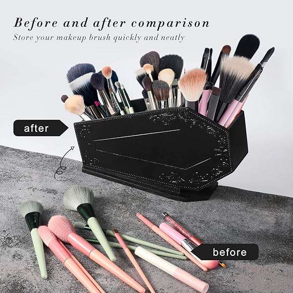 Maitys Coffin Makeup Brush Holder Gothic Wooden Organizer Spooky Coffin Case Gifts for Women Cosmetic Display Cases Spooky Home Office Pencil Brushes Organizer Bathroom Christmas Decor Accessories - Image 3