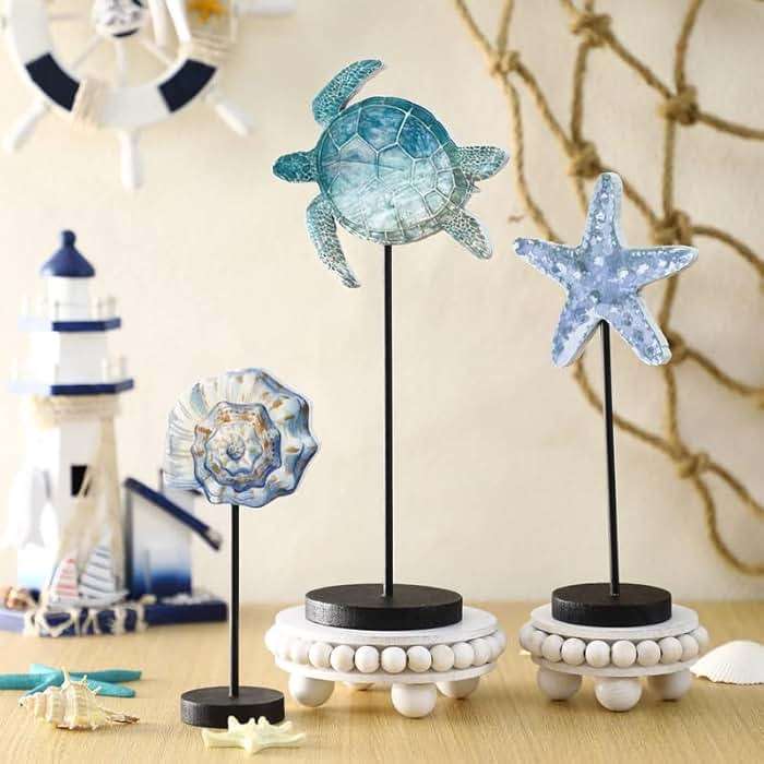 Maitys 3 Pcs Sea Table Decor Coastal Turtle Starfish Decor Ocean Beach Centerpieces Nautical Standing Block Wooden Centerpiece Sign for Summer Holiday Seasonal Home Kitchen - Image 2