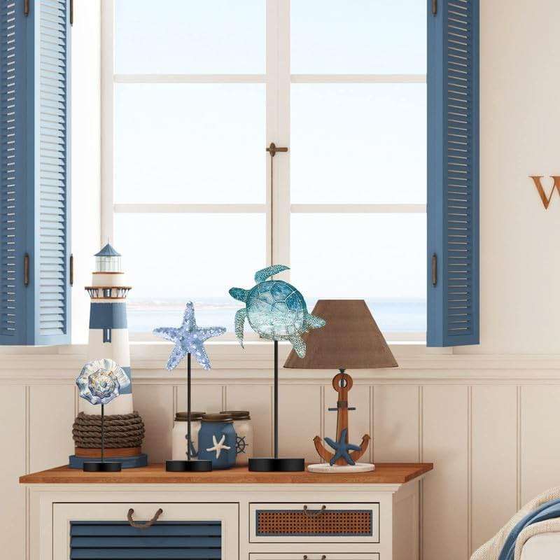 Maitys 3 Pcs Sea Table Decor Coastal Turtle Starfish Decor Ocean Beach Centerpieces Nautical Standing Block Wooden Centerpiece Sign for Summer Holiday Seasonal Home Kitchen - Image 6