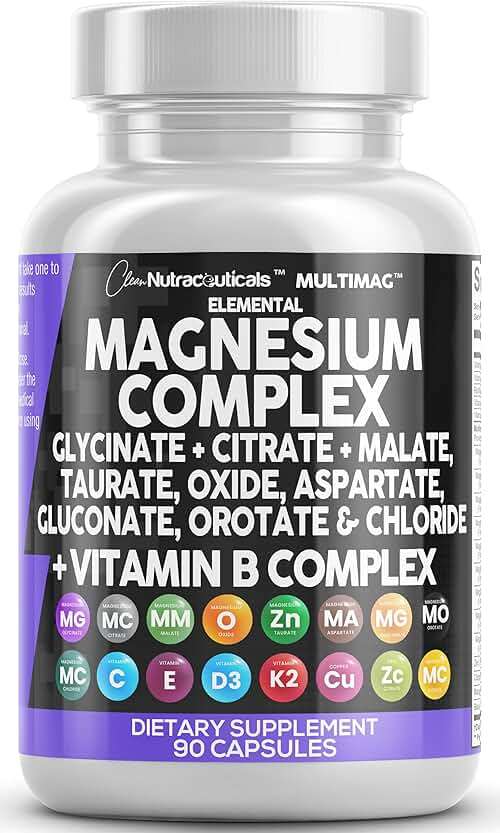 Clean Nutraceuticals Magnesium Complex with Magnesium Glycinate Citrate Malate Oxide Taurate Aspartate Orotate & Mag Chloride, Zinc Copper Manganese & Vitamin C B1 B2 B6 B12 Complex - 1Pack - Image 1