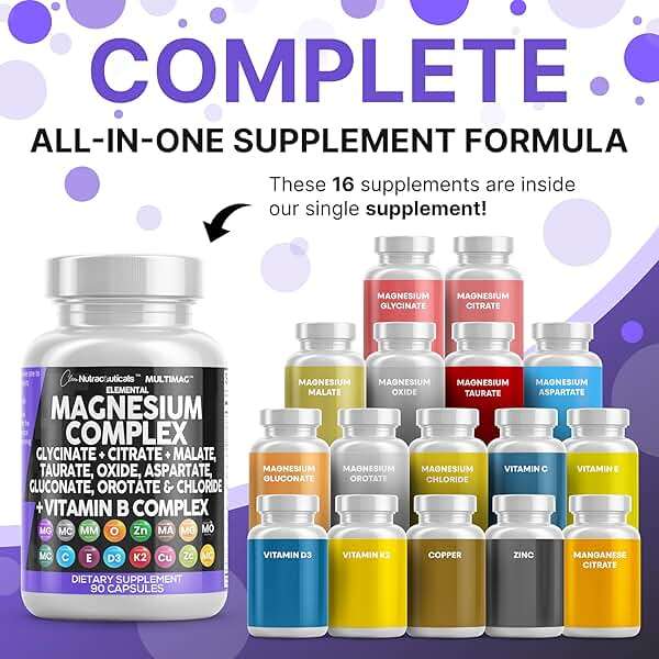 Clean Nutraceuticals Magnesium Complex with Magnesium Glycinate Citrate Malate Oxide Taurate Aspartate Orotate & Mag Chloride, Zinc Copper Manganese & Vitamin C B1 B2 B6 B12 Complex - 1Pack - Image 2