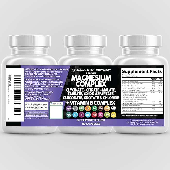 Clean Nutraceuticals Magnesium Complex with Magnesium Glycinate Citrate Malate Oxide Taurate Aspartate Orotate & Mag Chloride, Zinc Copper Manganese & Vitamin C B1 B2 B6 B12 Complex - 1Pack - Image 9