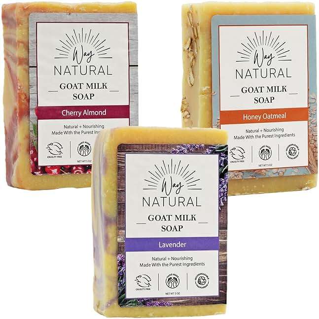 Way Natural Goat Milk Soap Bar Variety 3-Pack (5oz Bars) - Natural, Handmade, Gentle - Cold Process Goat Soap for Hands & Body, Women & Men, No Dyes, USA Made - Lavender, Cherry Almond, Honey Oatmeal - Image 1