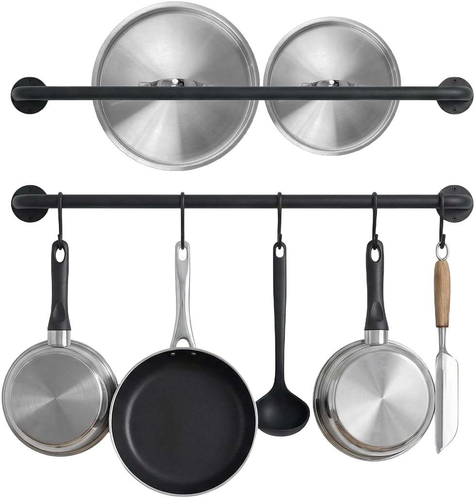 Conwithna Black Steel-made Kitchen Utensil Rack Organizer Wall-mounted Pot Pan Wall Hanger Holder For Hanging Rail with 10 S Hooks - Image 1