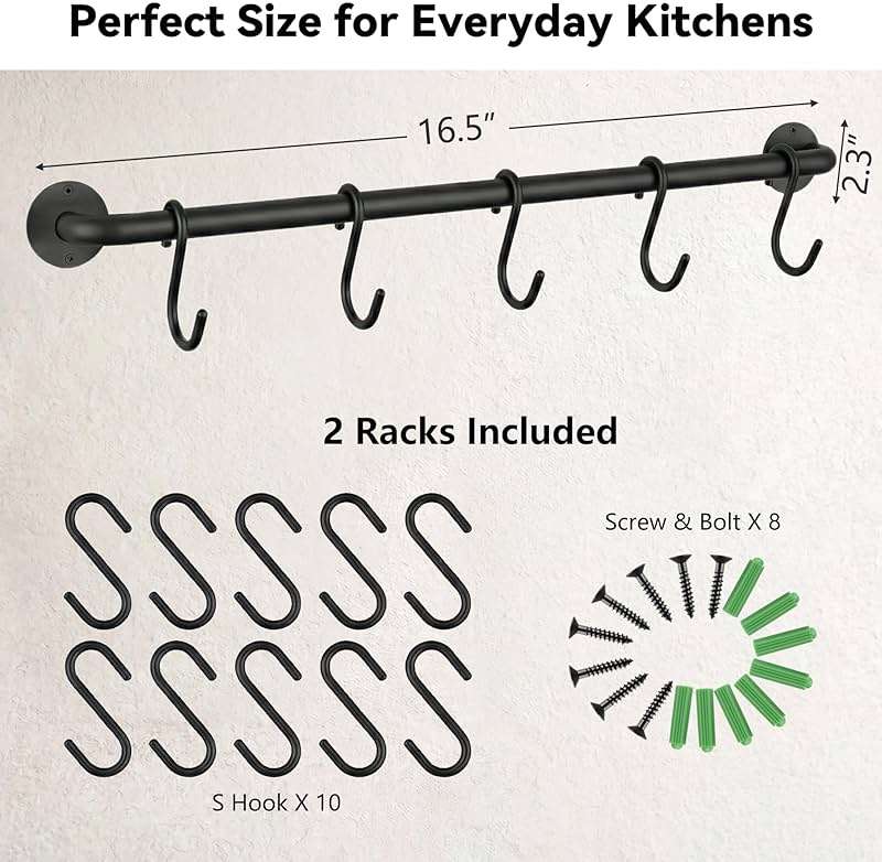 Conwithna Black Steel-made Kitchen Utensil Rack Organizer Wall-mounted Pot Pan Wall Hanger Holder For Hanging Rail with 10 S Hooks - Image 3