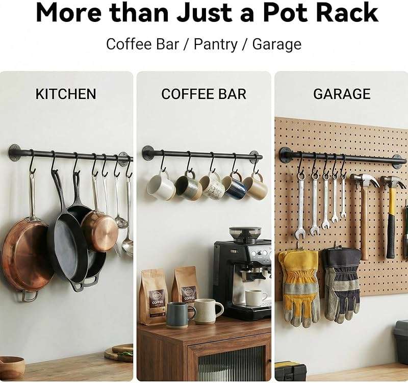 Conwithna Black Steel-made Kitchen Utensil Rack Organizer Wall-mounted Pot Pan Wall Hanger Holder For Hanging Rail with 10 S Hooks - Image 5