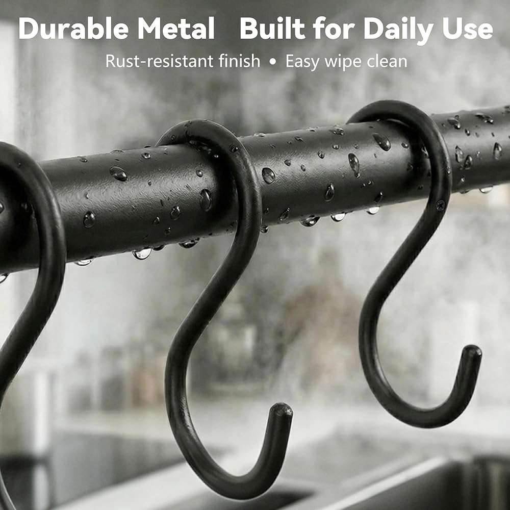 Conwithna Black Steel-made Kitchen Utensil Rack Organizer Wall-mounted Pot Pan Wall Hanger Holder For Hanging Rail with 10 S Hooks - Image 6