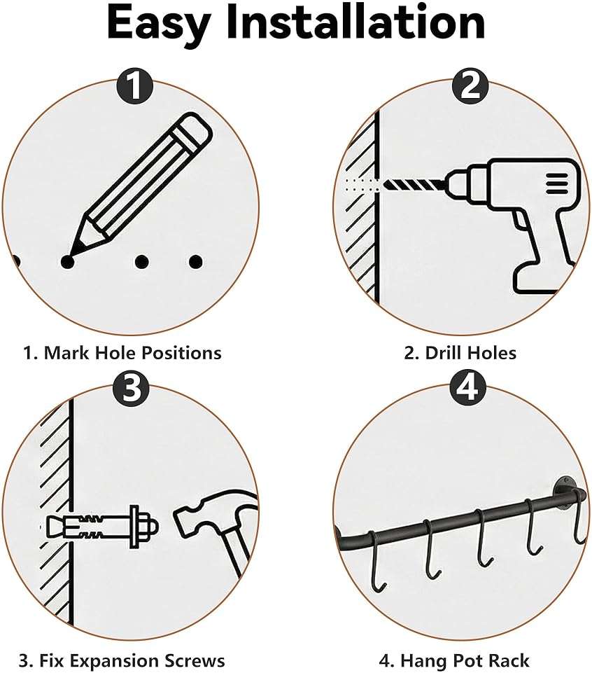 Conwithna Black Steel-made Kitchen Utensil Rack Organizer Wall-mounted Pot Pan Wall Hanger Holder For Hanging Rail with 10 S Hooks - Image 7