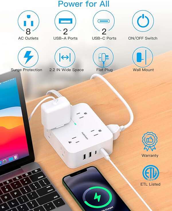 Surge Protector Power Strip, HANYCONY Extension Cord with Multiple Outlets, 5 Ft Ultra Thin Flat Plug 8 Outlets 4 USB Ports(2USB C), 1080J Outlet Extender for Home Office College Dorm Room Essentials - Image 2