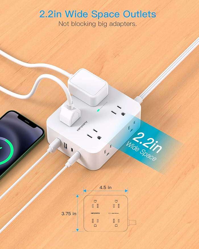 Surge Protector Power Strip, HANYCONY Extension Cord with Multiple Outlets, 5 Ft Ultra Thin Flat Plug 8 Outlets 4 USB Ports(2USB C), 1080J Outlet Extender for Home Office College Dorm Room Essentials - Image 4