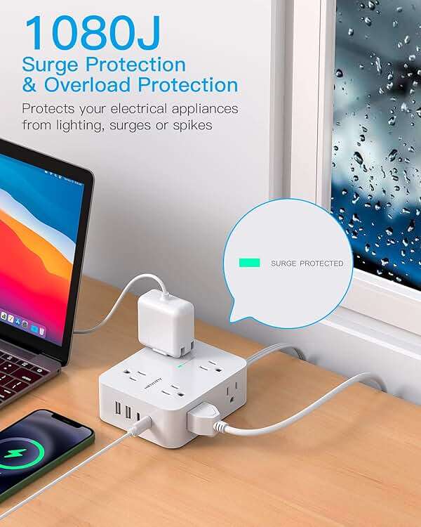 Surge Protector Power Strip, HANYCONY Extension Cord with Multiple Outlets, 5 Ft Ultra Thin Flat Plug 8 Outlets 4 USB Ports(2USB C), 1080J Outlet Extender for Home Office College Dorm Room Essentials - Image 6