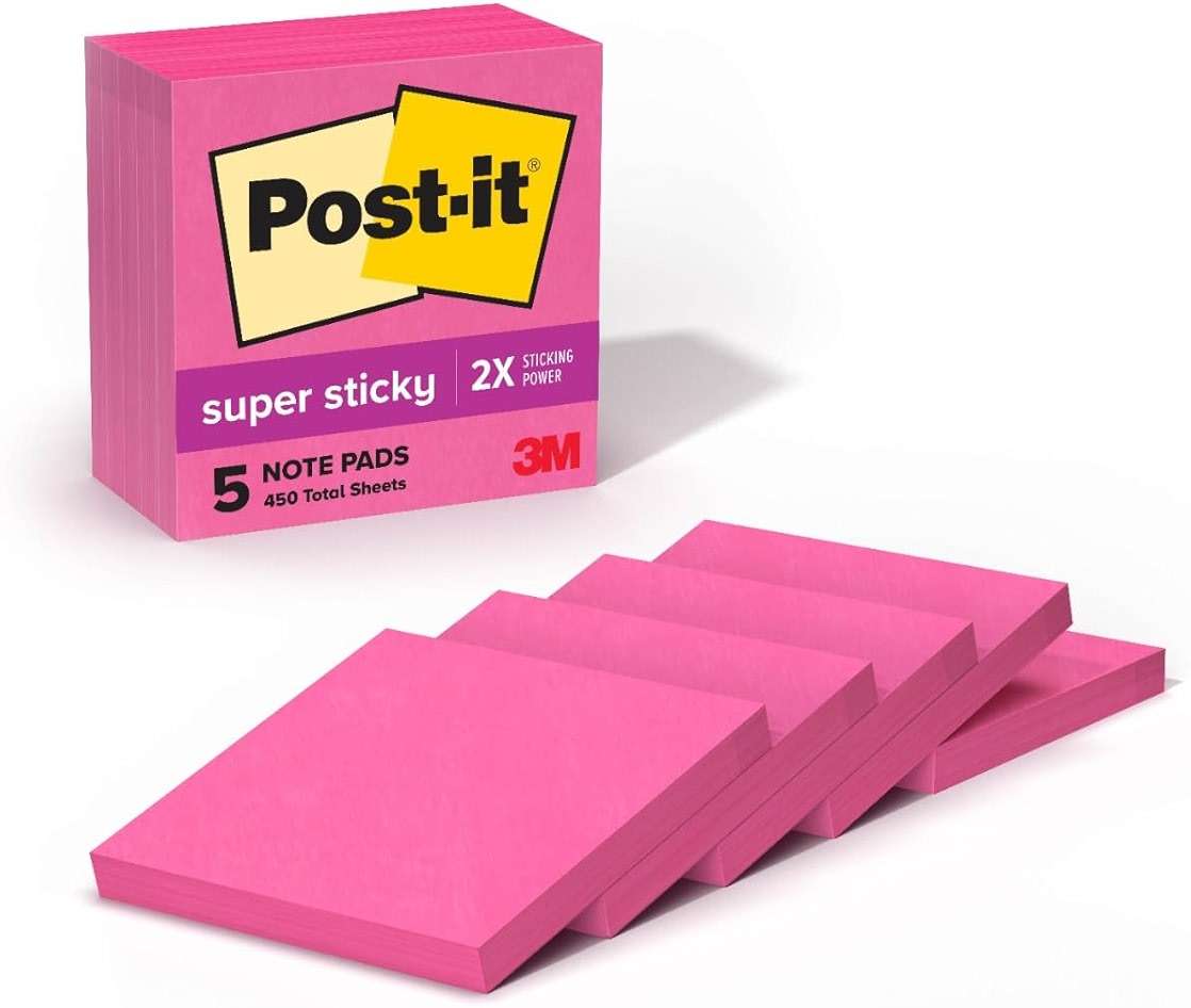 Post-it Super Sticky Notes, 5 Sticky Note Pads, 3 x 3 in., School Supplies, Office Products, Sticky Notes for Vertical Surfaces, Monitors, Walls and Windows, Power Pink - Image 1