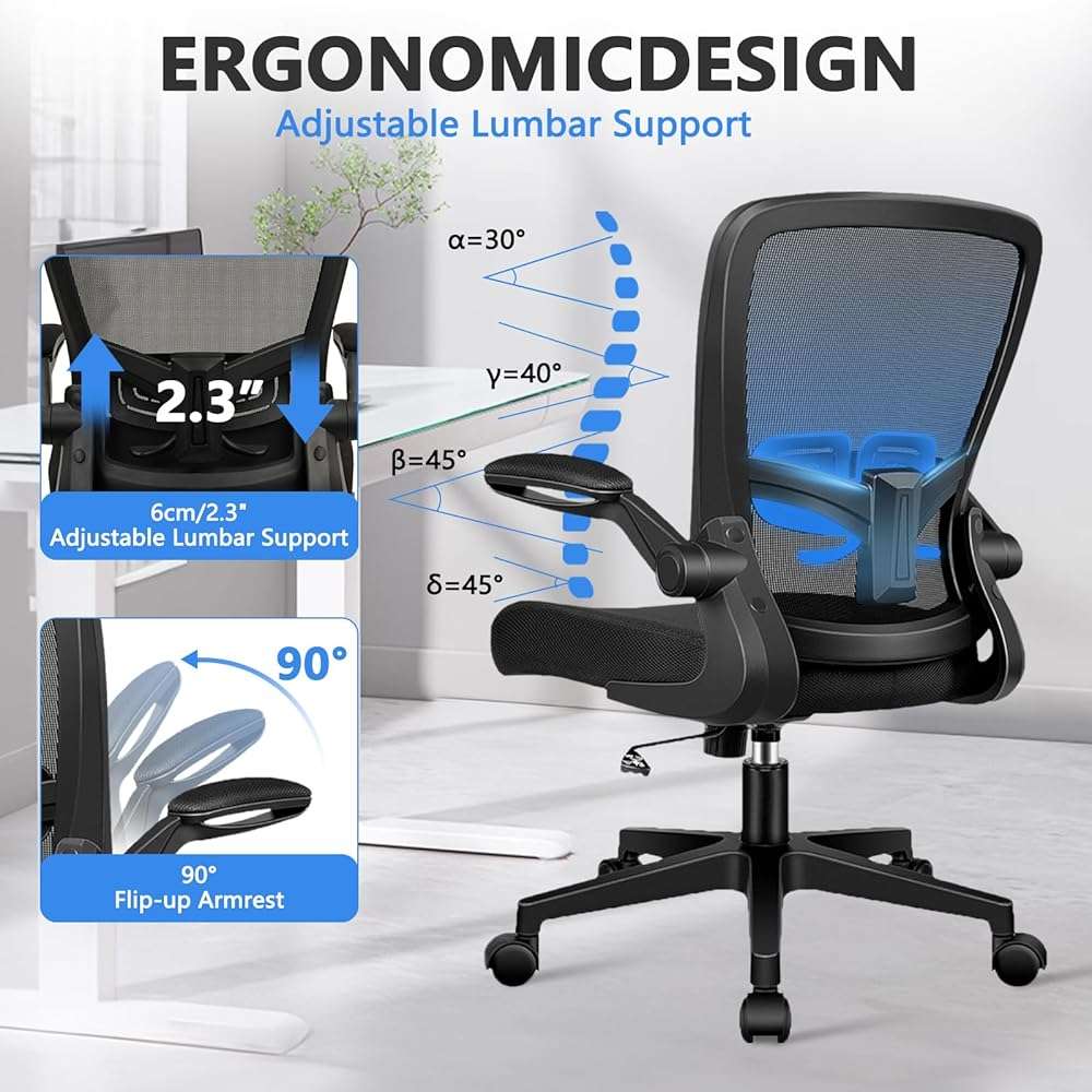 KLASIKA Desk Chairs with Wheels, Ergonomic Mesh Office Chair Adjustable Height and Swivel Lumbar Support Home Office Chair with Flip Up Armrests (8PK) - Image 4