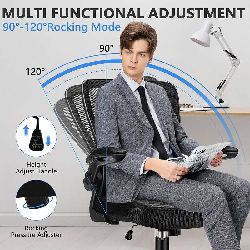 KLASIKA Desk Chairs with Wheels, Ergonomic Mesh Office Chair Adjustable Height and Swivel Lumbar Support Home Office Chair with Flip Up Armrests (8PK) - Image 5