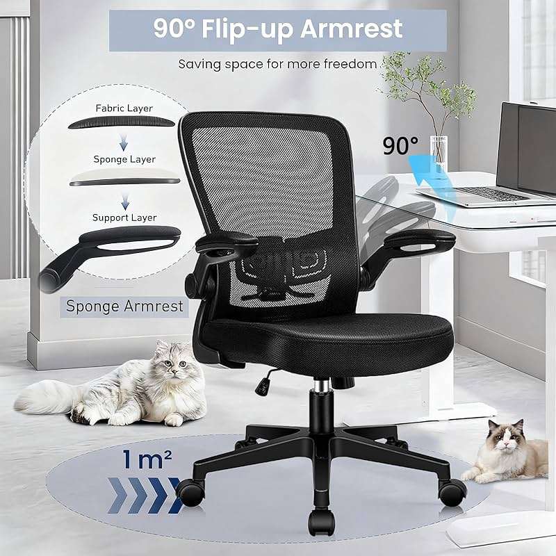 KLASIKA Desk Chairs with Wheels, Ergonomic Mesh Office Chair Adjustable Height and Swivel Lumbar Support Home Office Chair with Flip Up Armrests (8PK) - Image 7