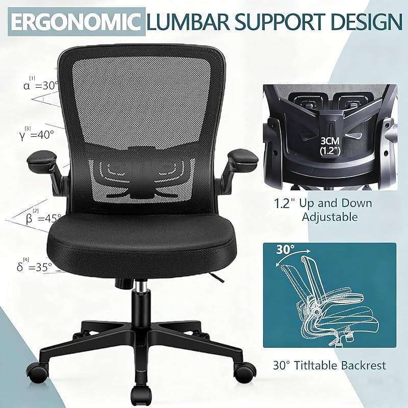 KLASIKA Desk Chairs with Wheels, Ergonomic Mesh Office Chair Adjustable Height and Swivel Lumbar Support Home Office Chair with Flip Up Armrests (8PK) - Image 8