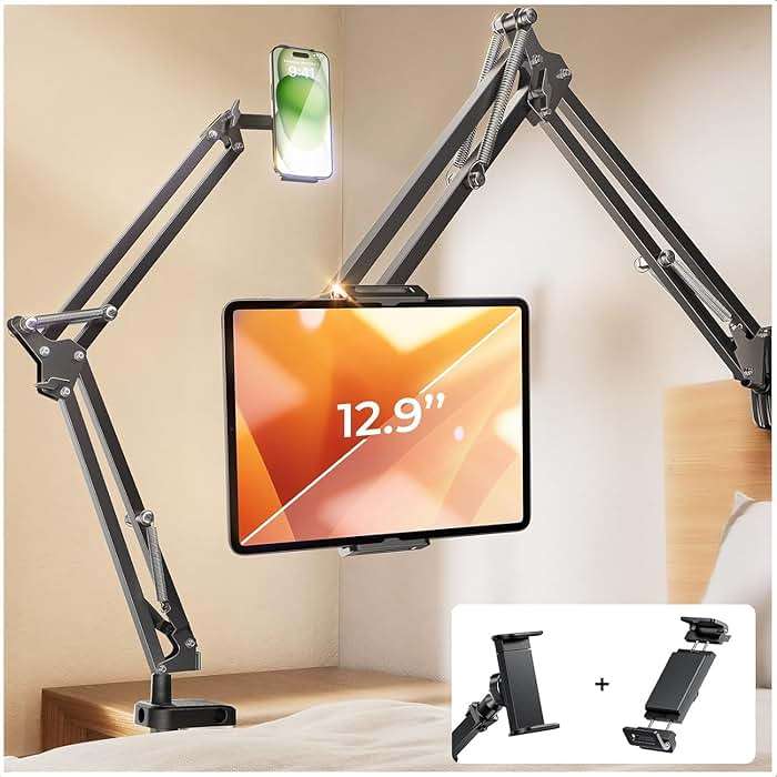LISEN Tablet Stand iPad Stand for Desk Mount [Ultra Sturdy 2 Clamps] iPad Holder for Tablet Holder Mount Desk Accessories for Men fits iPad Air, iPad 12, iPhone 17e, 4-13" Device (Black) - Image 1